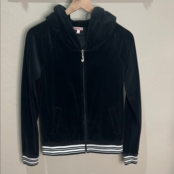 Juicy Couture Jacket Black Velour Zip-Up Vintage Y2K Track Bling Stripe Hoodie - Picture 1 of 13